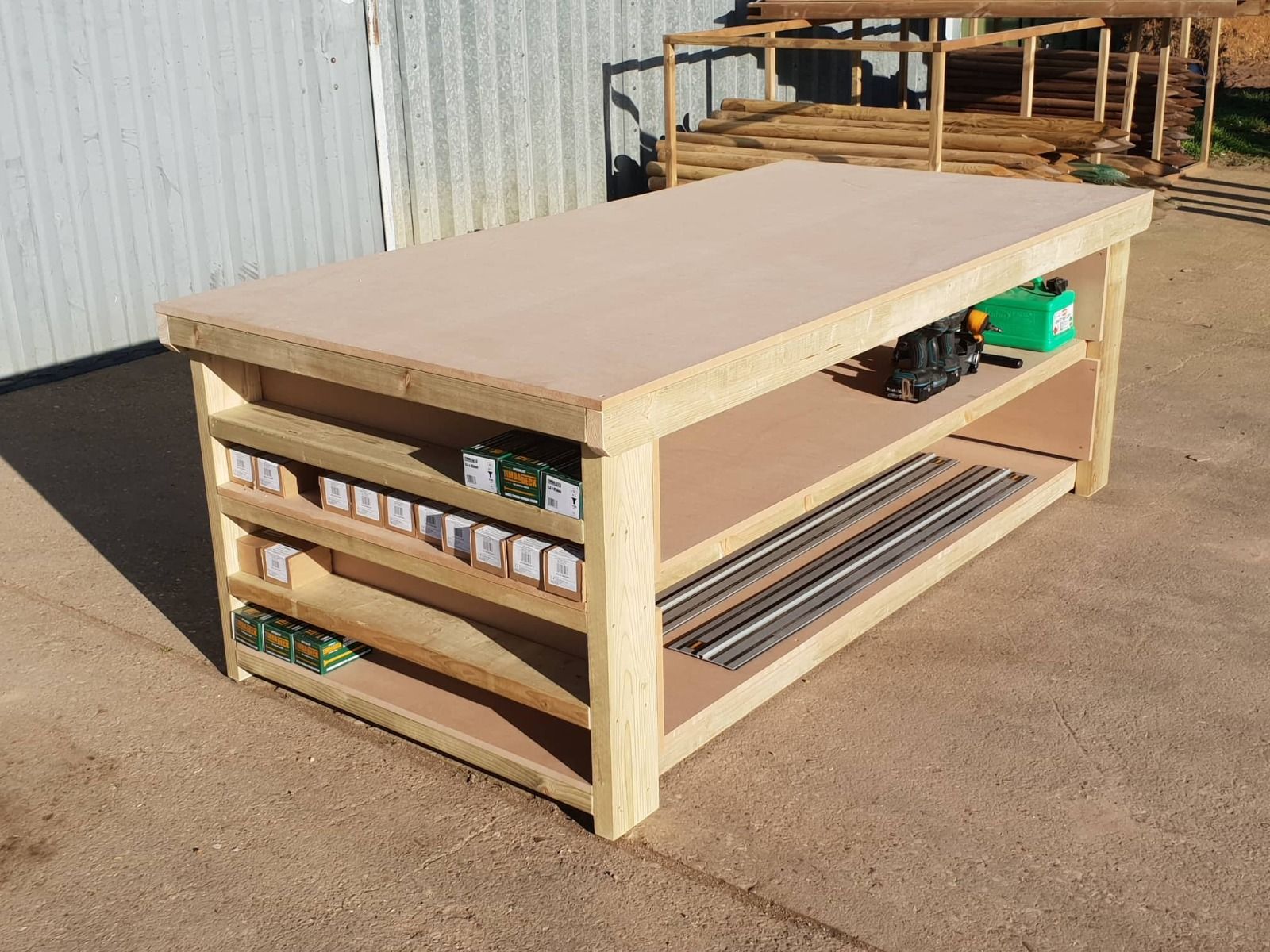 Mdf Depths Wooden Workbench MDF Top with Extra shelving Depth-4ft With Double She ...